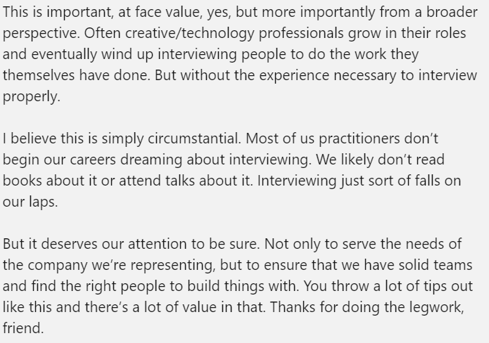 Screenshot of a linkedin comment. The author point out it must be recognized that sometime designers involved in the hiring process, just end up to be involved in it without having any type of training, thus opting for a design challenge.