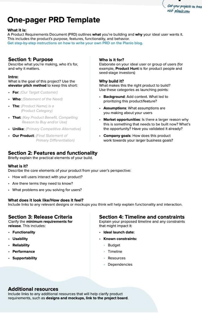 Image of a one-pager template from Planio