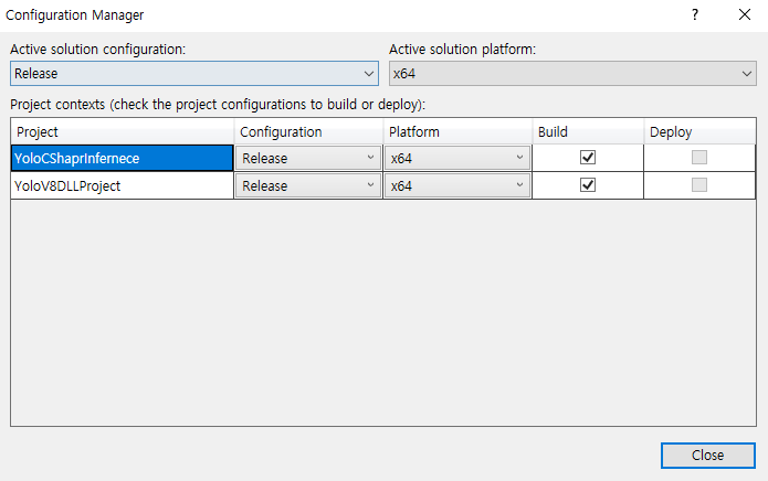 Configuration Manager in Visual Studio showing that the YoloCSharpInference and YoloV8DLLProject are set to build in Release mode with the x64 platform, ensuring consistency in the build configurations across multiple projects within a solution.
