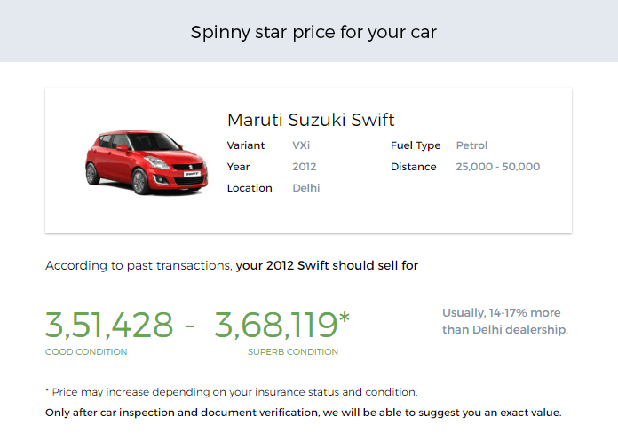 A price card detailing the approximate price a seller can expect to sell their Maruti Suzuki Swift for.