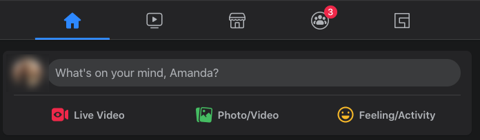 Facebook placeholder text on their status field says, “What’s on your mind, Amanda?”