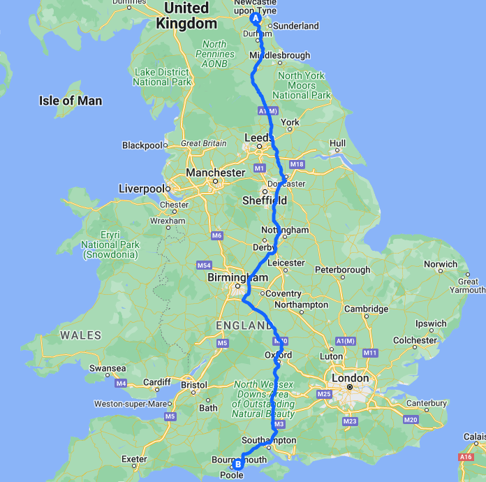 Map of travel from Bournemouth to Newcastle