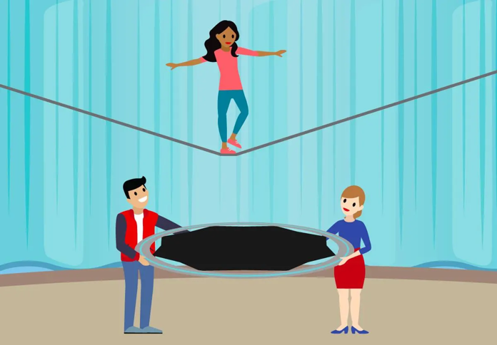 A Salesforcelandian walks a tightrope as two further characters stand beneath her with a trampoline net.