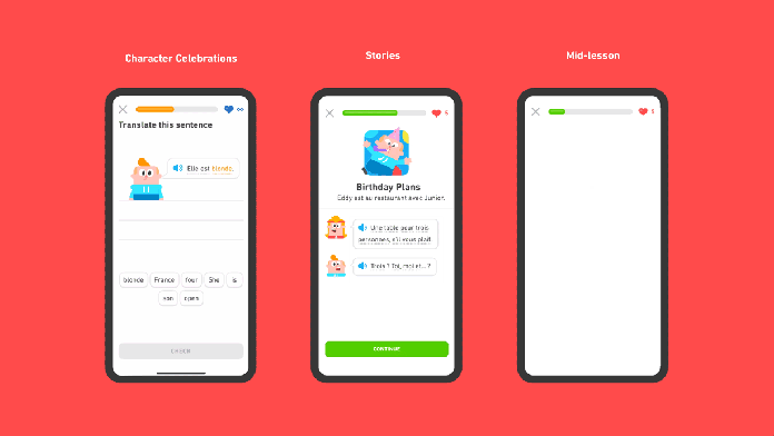 interface do Duolingo com feedbacks visuais, motion e multiplas formas de aprendizado.