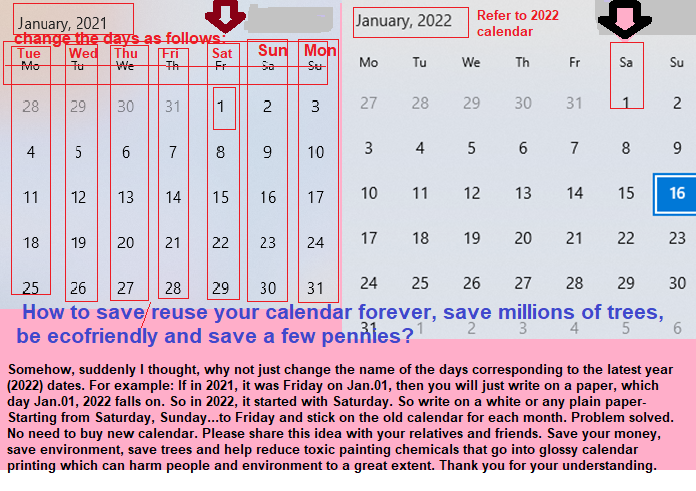 How to re-use old calendars in 2022 and beyond (modifying days in the calendars of previous year-2021 or older)