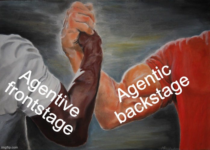 The “epic handshake” meme format, with one arm labeled “agentive frontstage” and the other labeled “agentic backstage.”