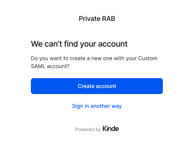 Image of Kinde “can’t find your account”. Create new one?