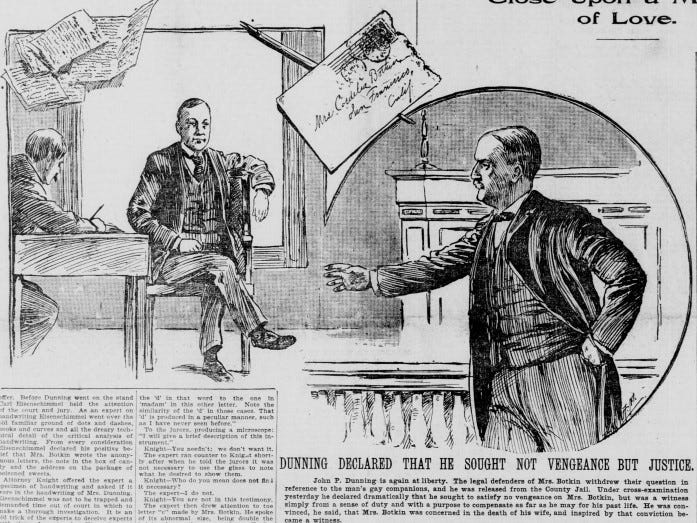 Newspaper drawing of a man testifying at Cordelia Botkin’s murder trial.
