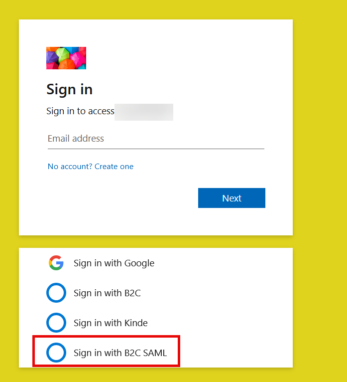 Image showing External ID login screen with B2C SAML option