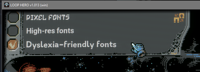 A screen capture of the dyslexia-friendly font toggle in game.