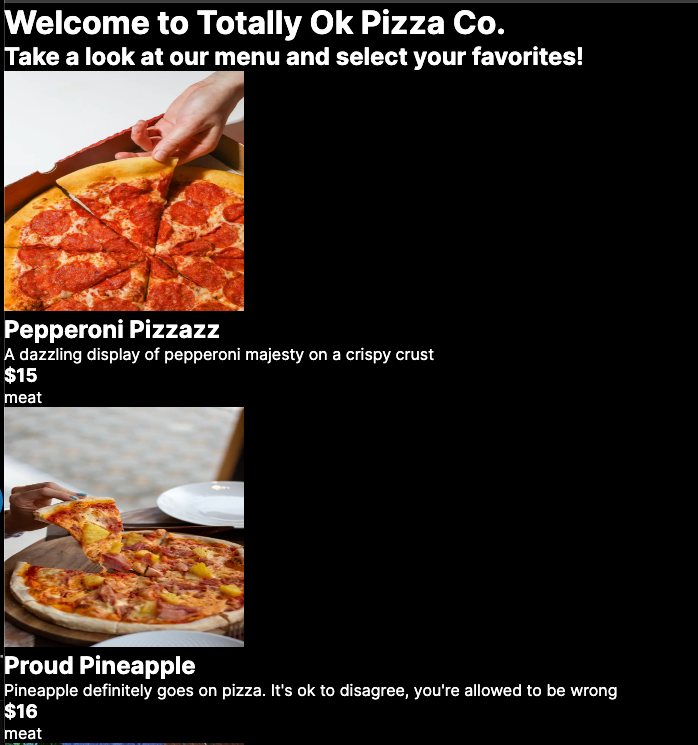 Screenshot of the pizza menu showing two types of pizza along with names, descriptions, prices, and categories.