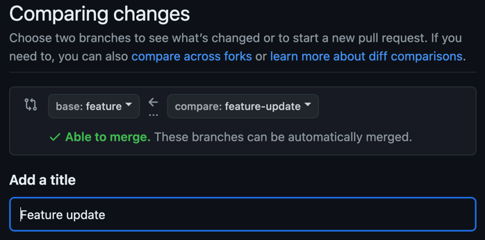GitHub view of creating a PR to merge feature-update into feature branch