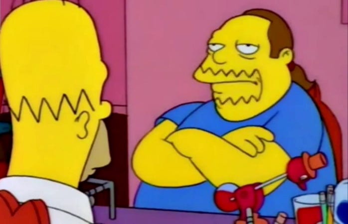Homero hablando con Jeff, el que tiene el local de comics