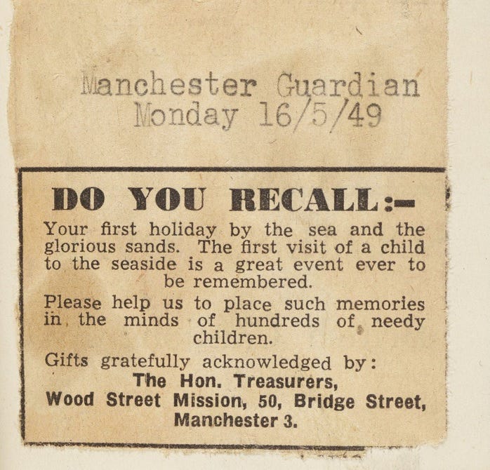 Advert from the Manchester Guardian May 1949 requesting donations