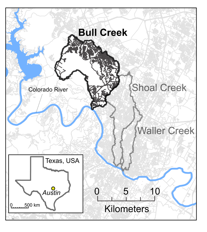 A map showing the range of Bull Creek watershed in Austin, Texas.