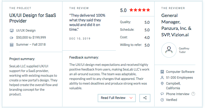 Screen capture of SeaLab LLC’s 5 star reviews on Clutch.co for working on project Vizion.ai