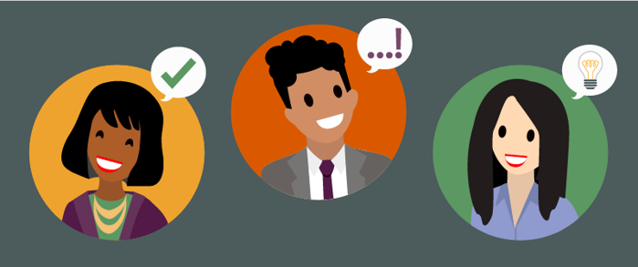 Three Salesforcelandian characters in different colored circles each with a speech bubble — a check mark, an !, & a lightbulb