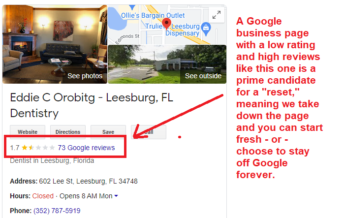 example of a poor google business rating — page is perfect to be refreshed and started over