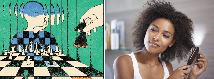 Two images side-by-side. On the left is an abstract cartoon picture of a person playing chess. On the right is a woman with curly hair looking into the distance while they brush the very end of it.