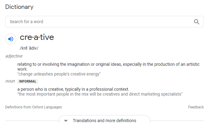 Screenshot of Google definition for the word creative.