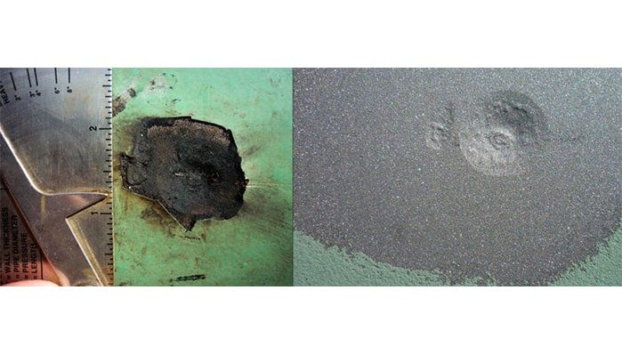 Before and after covering of a corrosion pit post abrasive blasting (Image Courtesy: corrosion pit by Cafe Nervosa Licensed under CC BY-SA 3.0)