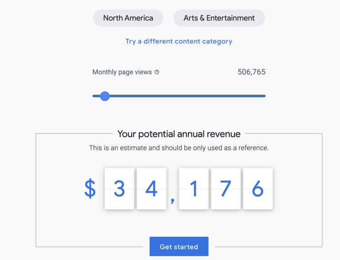 Google’s AdSense revenue calculator for 500,000 views