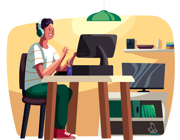 Ilustração de um homem em um escritório, sorrindo, sentado em uma cadeira em frente ao computador. O homem está com um tênis vermelho, uma calça verde, camiseta branca e fones de ouvido brancos. Em cima da mesa há um computador e um porta lápis. Ao lado, há uma estante com documentos e uma televisão.