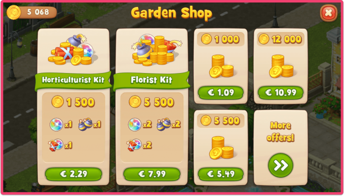 Garden Shop in App purchase screen with Horticultural Kit, Florist kit, 1,000, 12,000, 1,500, 5,500, and more available for purchase