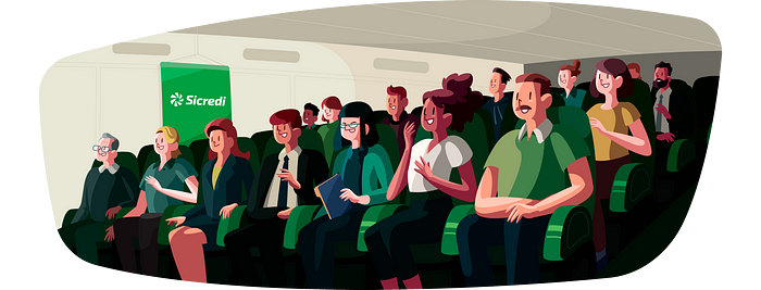 Ilustração de um grupo de pessoas sentadas em poltronas, em uma sala de conferências. Ao fundo, há um banner verde com o logo do Sicredi. As pessoas sentadas são de diferentes idades e etnias, estão todas sorrindo e vestindo roupas coloridas, sendo que a maioria delas são em tons de verde.