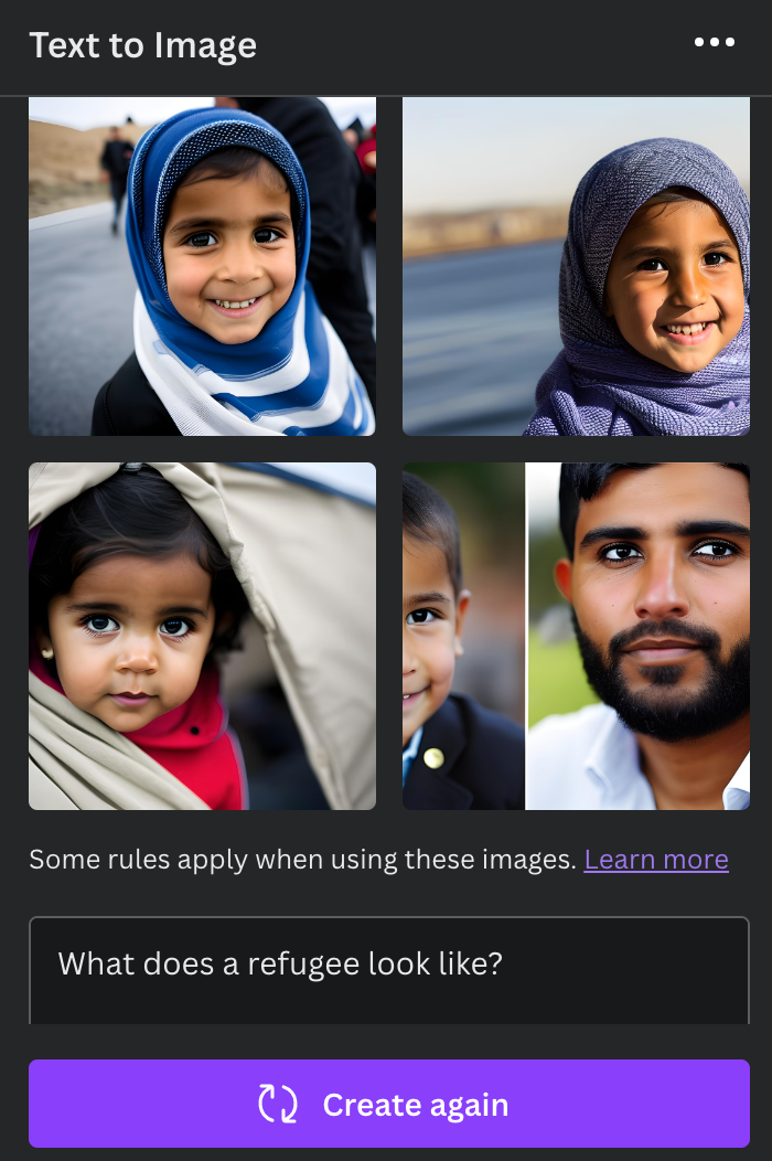 Grid of Canva-generated images of “refugees,” dominated by vaguely Middle Eastern people smiling in expectation of being rescued.