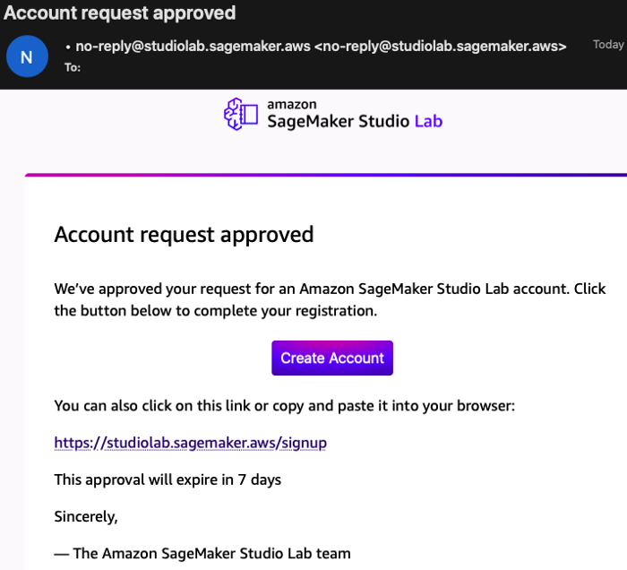 Account request approval email from The Amazon SageMaker Studio Lab team (Image by authors)