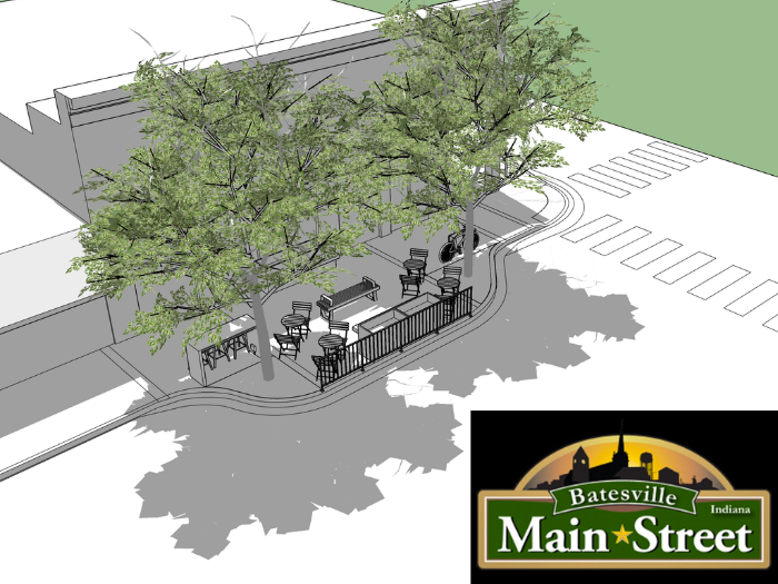 Batesville, IN bump out rendering, including trees, seating, and fencing.