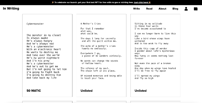 A screenshot of In Writing’s most recent mints, which include poems and prosaic writing— taken during a lurking session between breaks