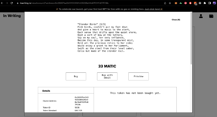 A screenshot of a poem minted and listed for 33 MATIC (cryptocurrency) as an NFT on In Writing’s website (inwriting.io)