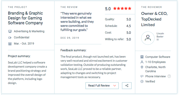 Screen capture of SeaLab LLC’s 5 star reviews on Clutch.co for working on project TopeDecked.