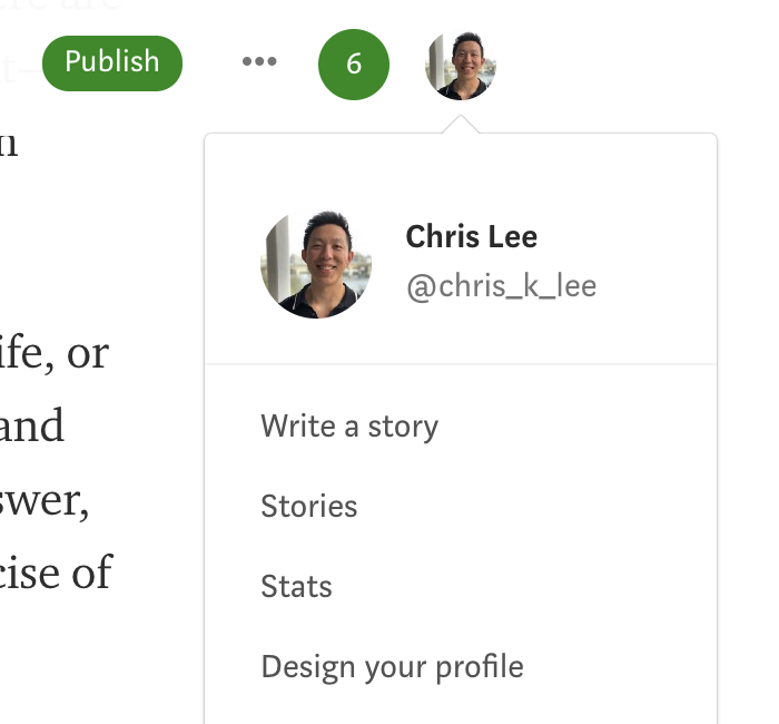 a profile dropdown showing my medium menu including my stories, stats, and more