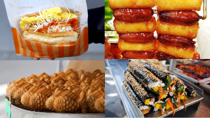 Delicious and hot Korean street food like street toast, bungeoppang, sotteok sotteok, and kimbap 