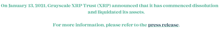 The image is an announcement by Grayscale explaining the delisting of XRP on January 13, 2021.