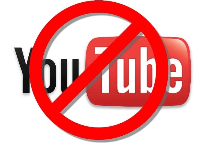 The YouTube logo with a big red circle with line in the middle over the logo; No YouTube Allowed.