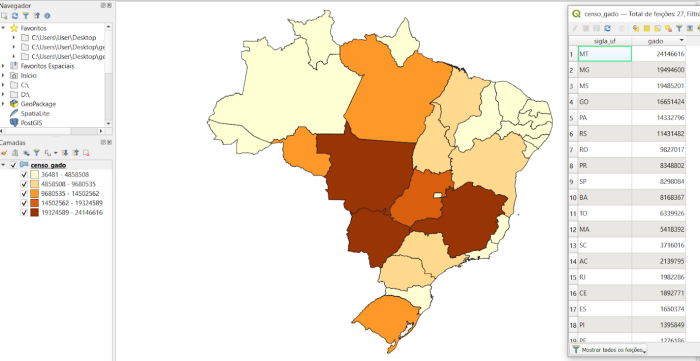 Mapa com quantidade de cabeças de gado por UF no Brasil