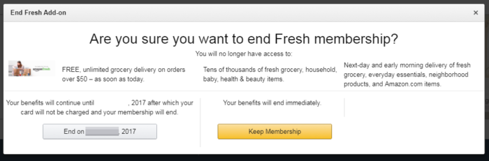 An Amazon website screenshot where a popup comes with the title ‘Are you sure you want to end Fresh membership?’ with various benefits of keeping the membership and CTA ‘Keep Membership’.