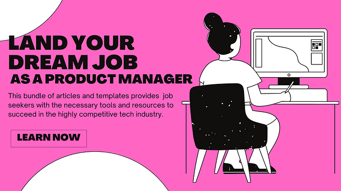 This is a cover picture for the course I am sharing on how to land your dream job as product manager. It has an illustration of a girl working on her laptopt and a pink background.