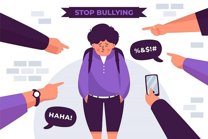 An illustration with a sign that says Stop Bullying on top, a kid in the middle and fingers of 4 people pointing at him swearing and laughing. One more arm shows pointing a cell phone at him as if it’s taking a picture or video