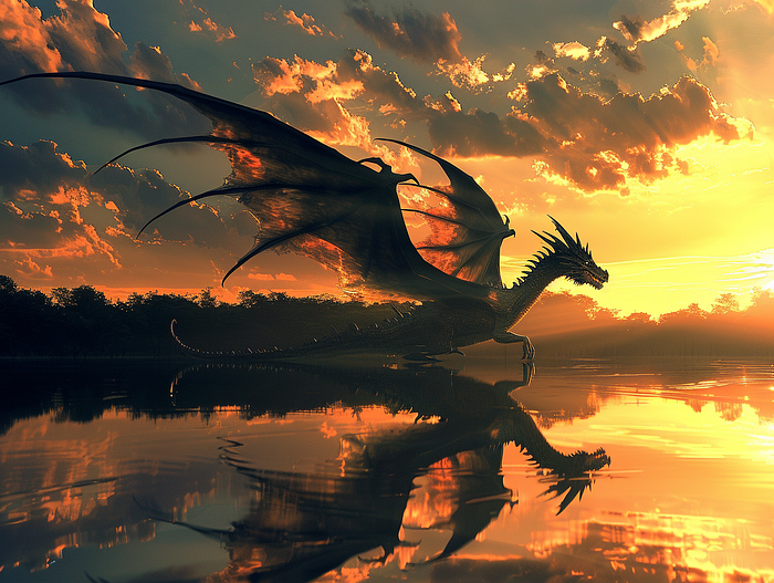 Dragon at sunset on a lake