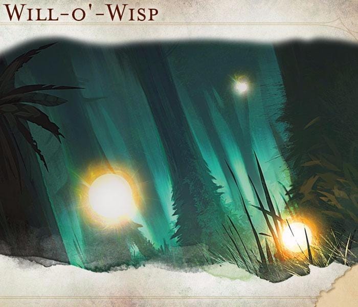 Will-O-Wisps fly around in a forest.