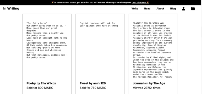 Screenshot taken from In Writing (https://www.inwriting.io) of poetry, tweets, and journalism being minted