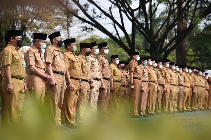A photo of a line of Indonesian civil servants in their brown attire, black “peci” caps, and masks.