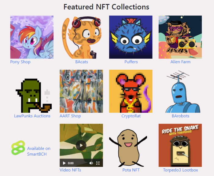 The SmartBCH NFT collections offered at ba.net marketplace. Pony, BACats, Puffers and more.