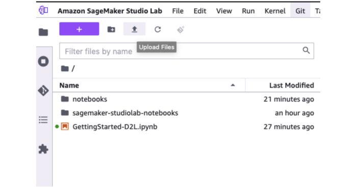 Closer look at the Upload Files and the folder structure in Amazon SageMaker Studio Lab (Image by authors)