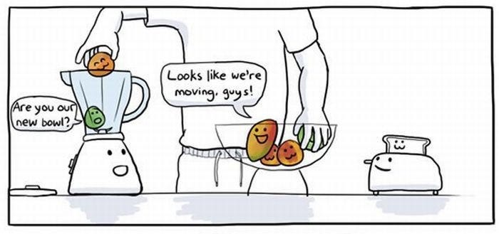 A cartoon of a person moving humanized fruit from a bowl into a blender. The fruit are being “naive” as they state their excitement to move into a “bowl” that will sadly be their downfall.